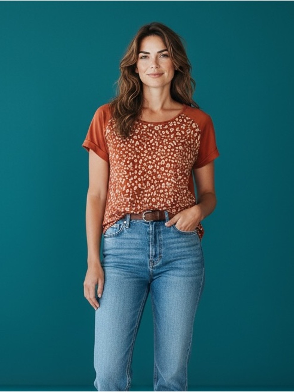 Rust Animal-Print Short Sleeve Blouse